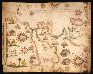 1651年の海図（ベラムのインク）からのヨーロッパおよび西地中海の大西洋岸（330920-330921も参照）